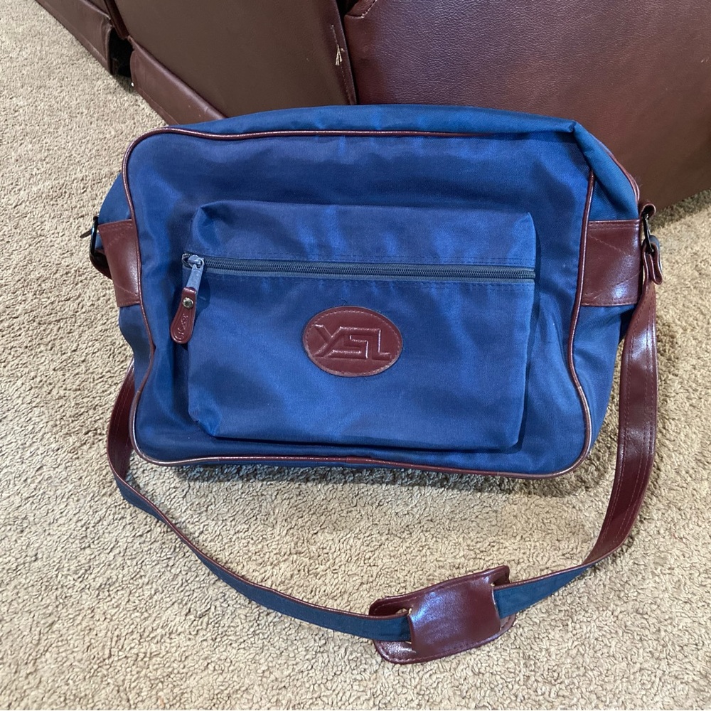 Vintage YSL Yves Saint Laurent Messenger Bag Crossbody Side Bag Blue Brown Korea